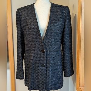 Vintage DANA BUCHMAN Black Eyelash/Ribbon Yarn Evening Party Blazer Jacket Sz 6